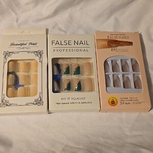 3 False Nail Set - Beige, Tan and Green Accents